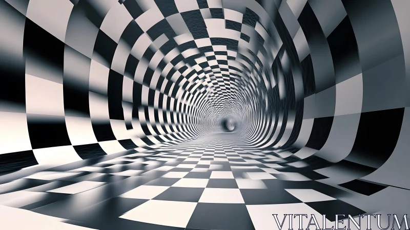 Surreal Checkered Tunnel in Black and White Abstract Digital Art.