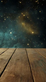 Cozy wooden deck opening onto a calm, star-filled night sky.