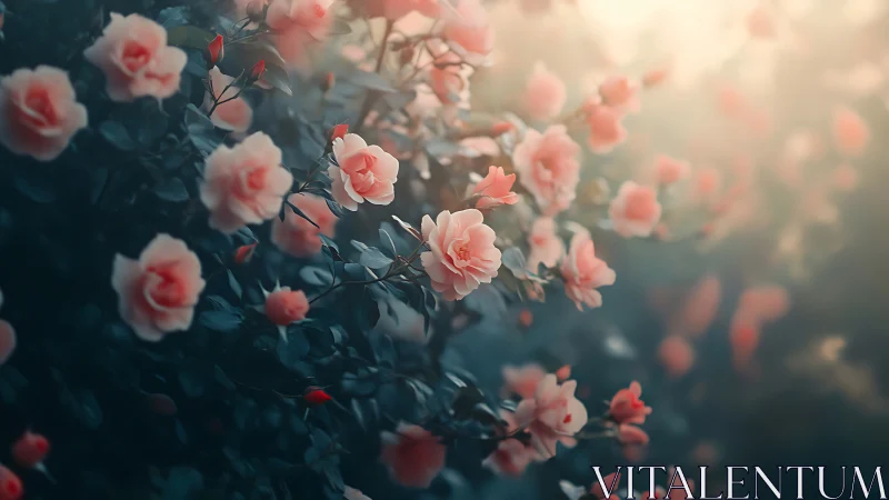 Pink roses bloom in soft-focused garden with misty atmospheric lighting