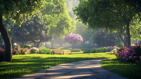 Sunlit park pathway with benches among lush flowering trees.