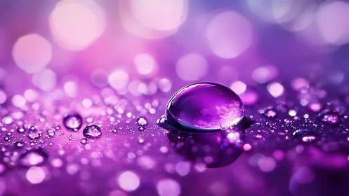 Violet water droplet macro on glittering bokeh field.