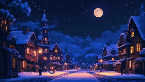 Snow covered village street under full moon at night.
