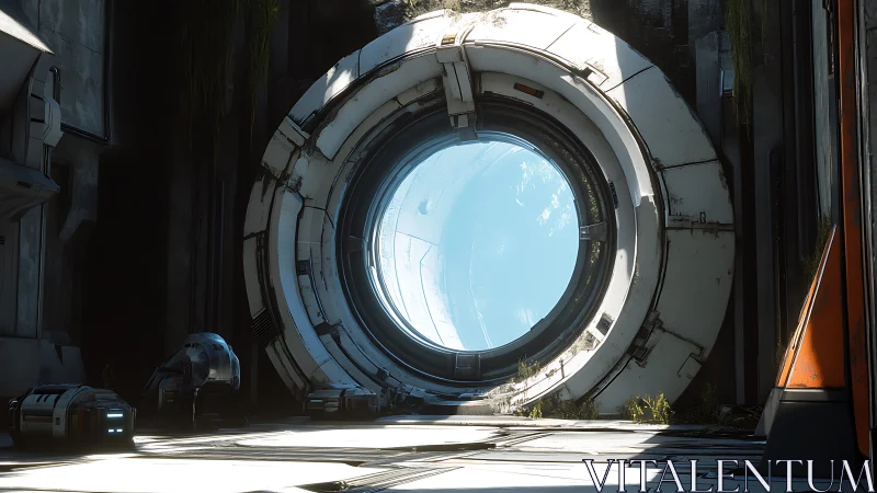 Futuristic Orbital Gateway: Monumental Portal in Industrial Canyon.