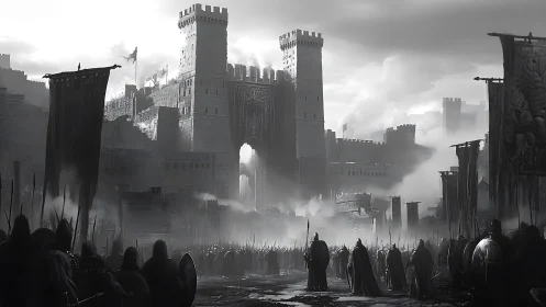 Siege-born shadows march on a storm-veiled iron citadel.