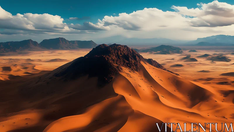 Desert massif with sculpted dunes under dramatic sky.