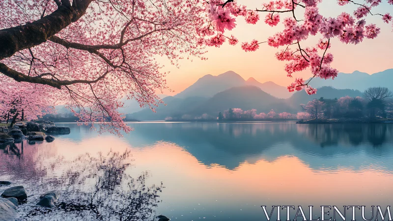 Cherry blossoms over calm lake with pastel sunrise sky.