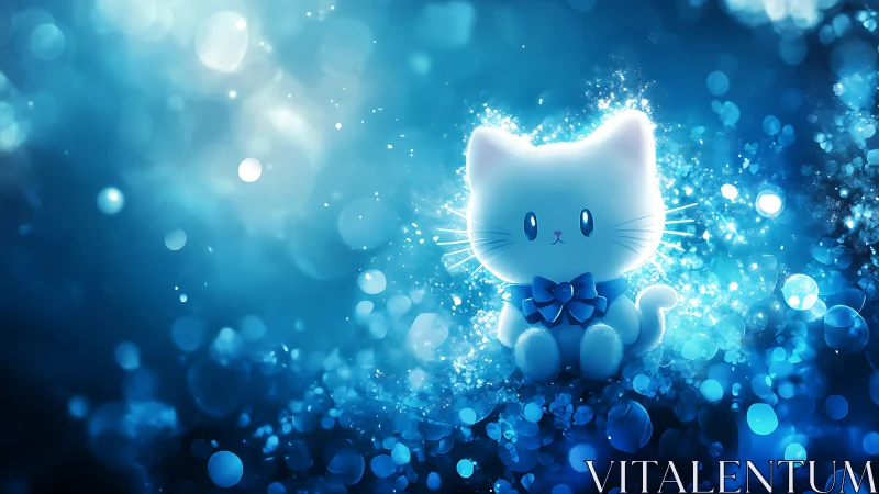 Luminescent Cat with Bow Amid Blue Particle Cascade.