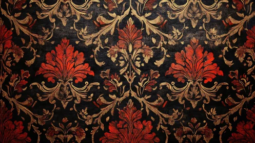 Ornate red and gold baroque damask against deep black backdrop.