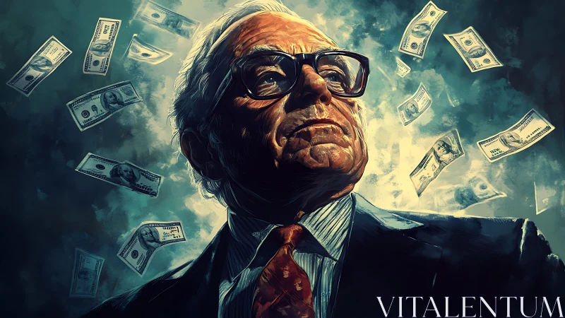 Elderly magnate amid swirling dollar bills in teal stormscape.
