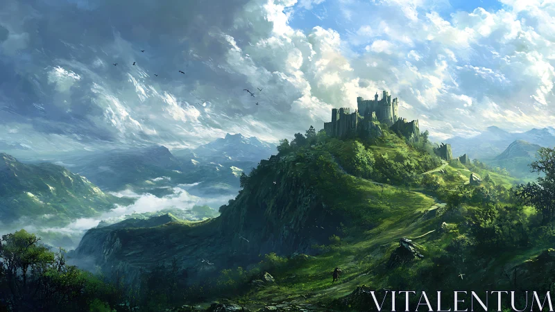 Ancient hilltop citadel beneath vast stormlit skies.