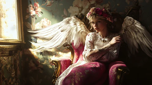 Winged woman rests in baroque chair under soft window light