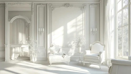 Sunlit monochrome neoclassical salon with ornate panel molding