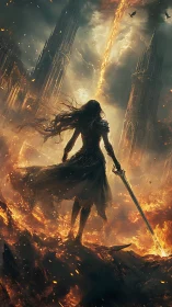 Lone warrior confronts fiery ruin beneath falling inferno