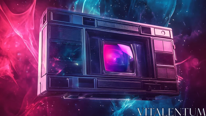 Retro camera cube floats through neon cosmic vapor field.