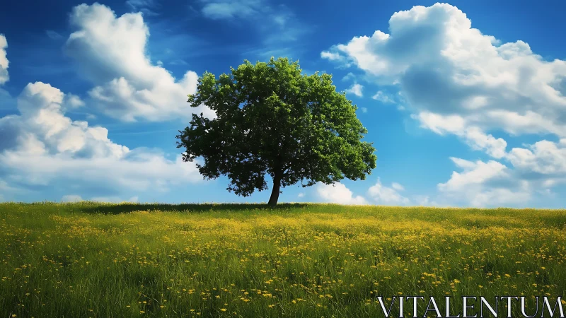 Solitary green tree crowning a bright spring meadow.