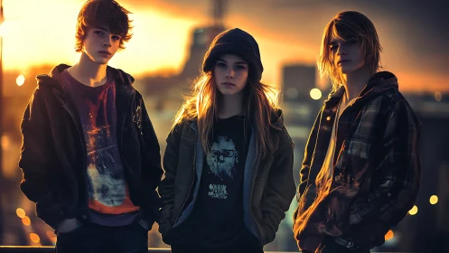 Urban rooftop teens in cinematic golden-hour glow.