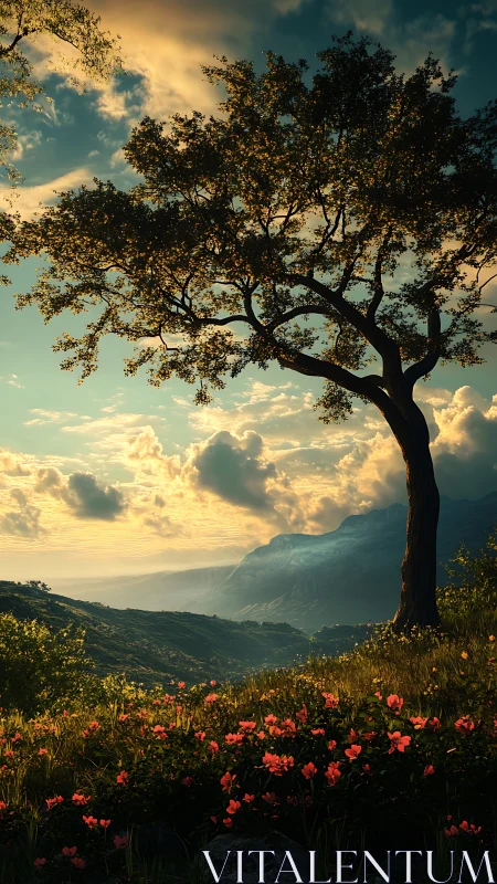 Golden hour mountain valley with silhouetted tree and flowers