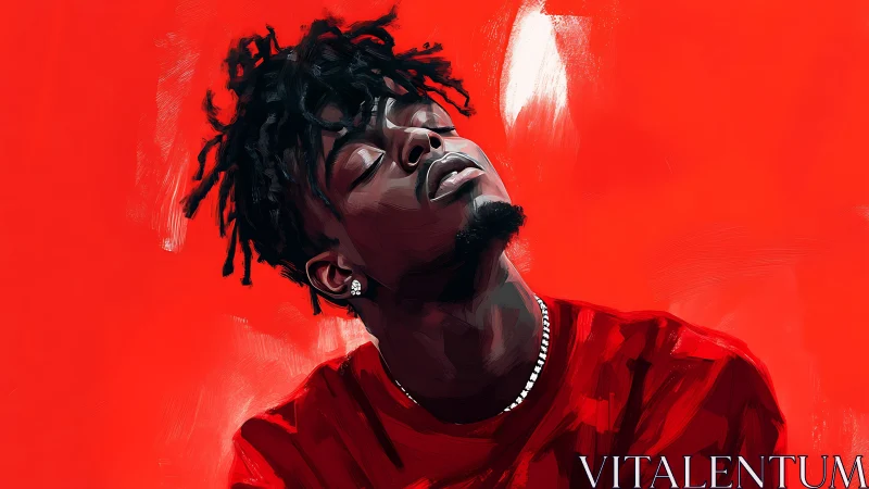 Portrait shows young man in red shirt against flat red field