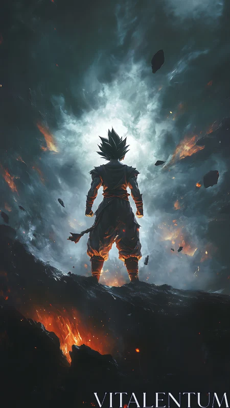 Lone anime warrior confronts a storm of fire and energy