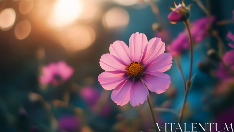 Pink cosmos blooms in golden light amid teal garden.