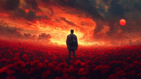Lone wanderer in burning poppy skies of crimson memory.