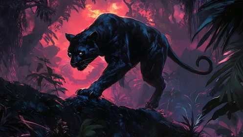 Black Panther Stalks Through Fiery Jungle at Twilight.