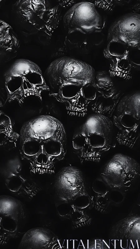Gleaming black skulls form a dense, ominous wall of bone.