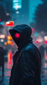 Hooded neon watcher glowing softly in the rainy city night.