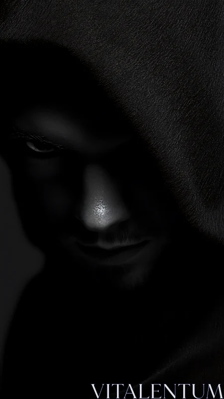 Hooded male face in low key lighting with obscured details.