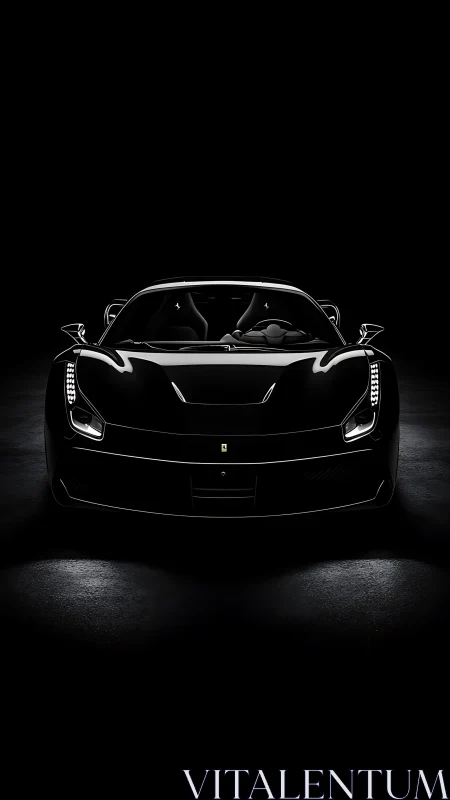 Sleek black sports car quietly glowing in the darkness.