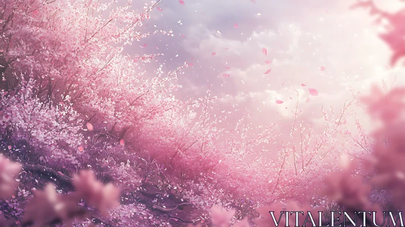 Soft sunrise drifting through pastel cherry blossoms.