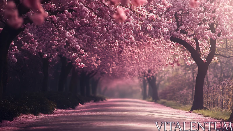 Blossom tunnel of dawnlit cherry trees and drifting petals.