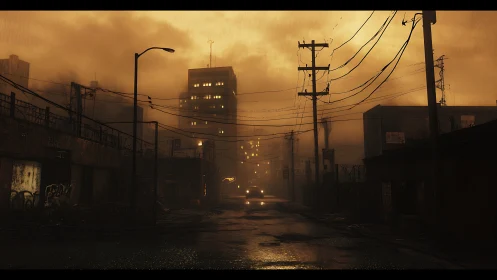 Rain-soaked dystopian backstreet framed by silhouetted utilities