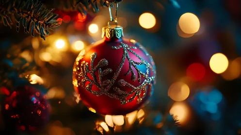 Red Christmas bauble hangs on tree with glitter details