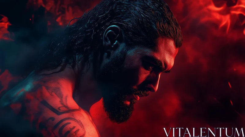 Male profile in red and blue dramatic lighting with smoke.