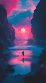 Solitary figure facing neon sunset between dark cliffs.