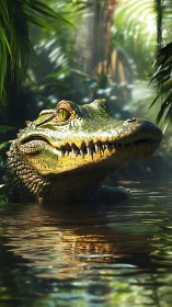 Crocodile emerges from jungle river with high-detail scales and light