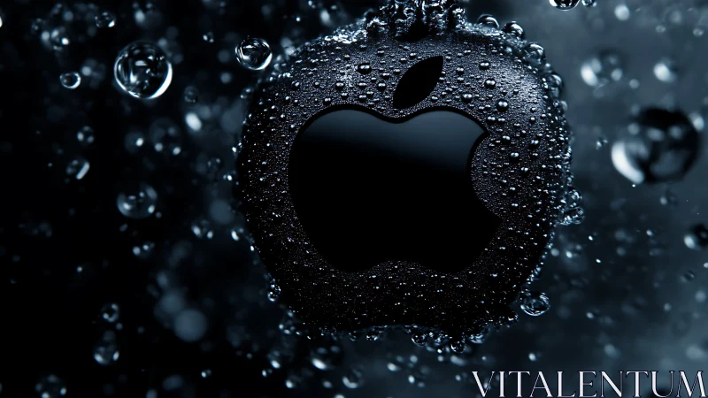 Hydrophobic metallic apple silhouette in macro water droplet field