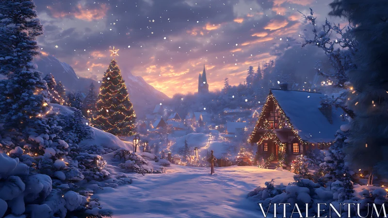 Snow-covered alpine village with illuminated Christmas tree at dusk