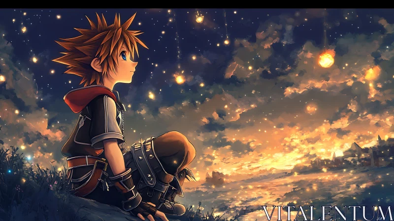 Boy gazes at falling stars over glowing twilight sea.