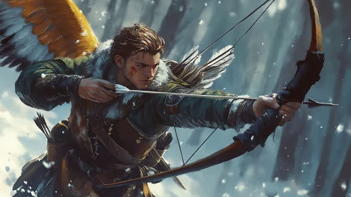 Winged forest archer drawing a focused shot in snow.