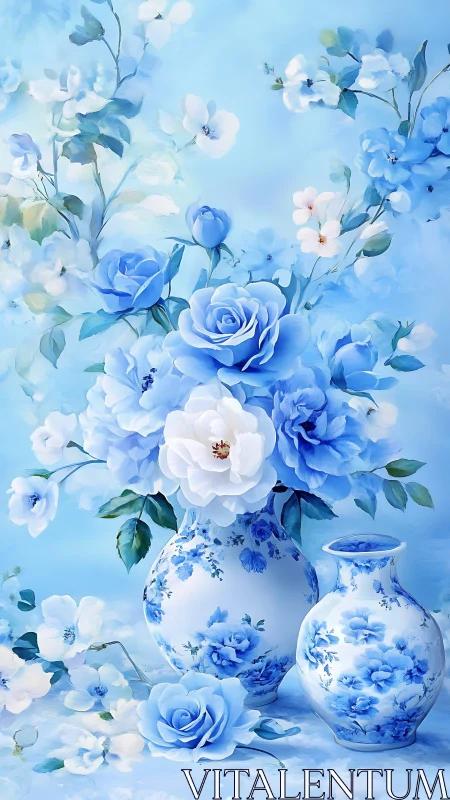 Blue and White Floral Arrangement with Porcelain Vases.