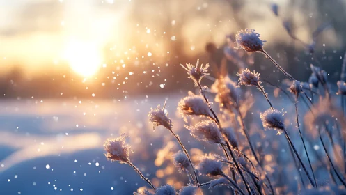 Snow dusted wildflowers glow under low winter sunrise.
