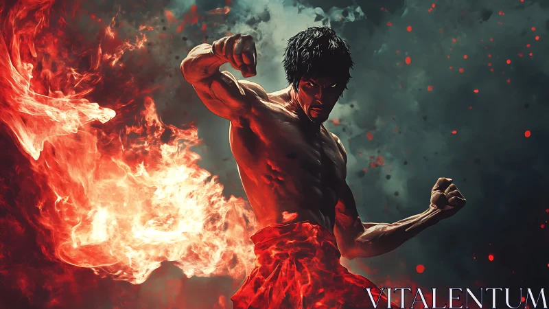Fiery martial artist unleashes power in a blazing stance