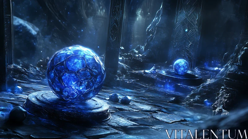 Luminous crystal orbs ignite a forgotten icebound temple.