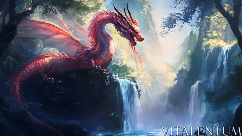 Red dragon resting on rock ledge in misty waterfall gorge.