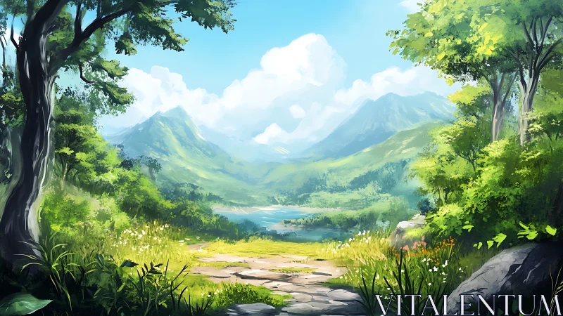 Alpine Valley Landscape with Mountainous Terrain and Forest Framing.
