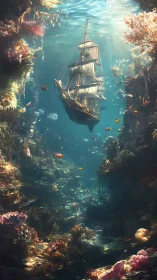 Sunken galleon suspended above luminous abyssal reef gorge