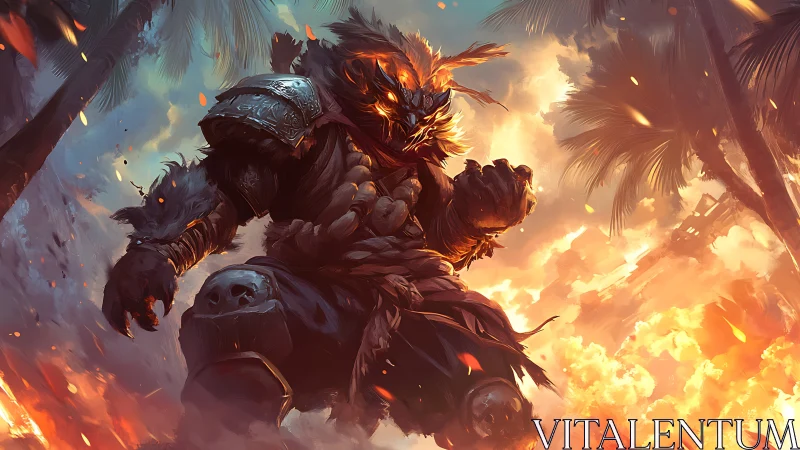 Molten jungle warlord strides through fire with fierce resolve