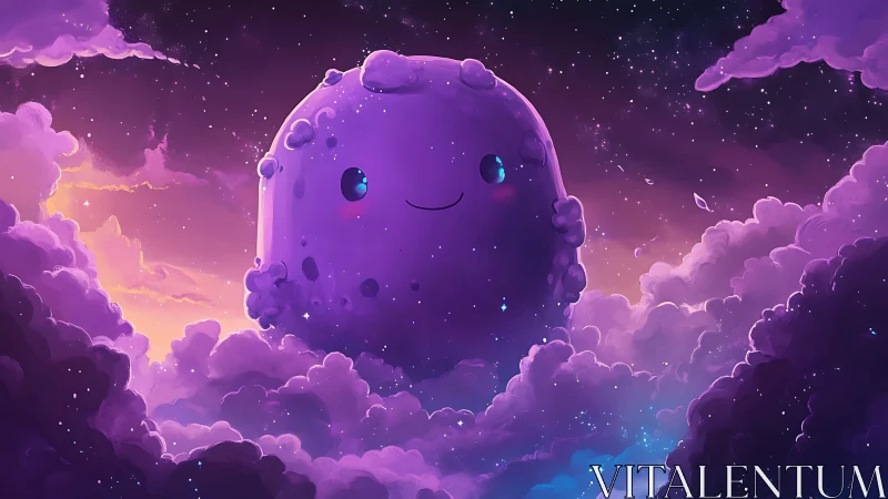 Smiling purple celestial character floats among glowing clouds